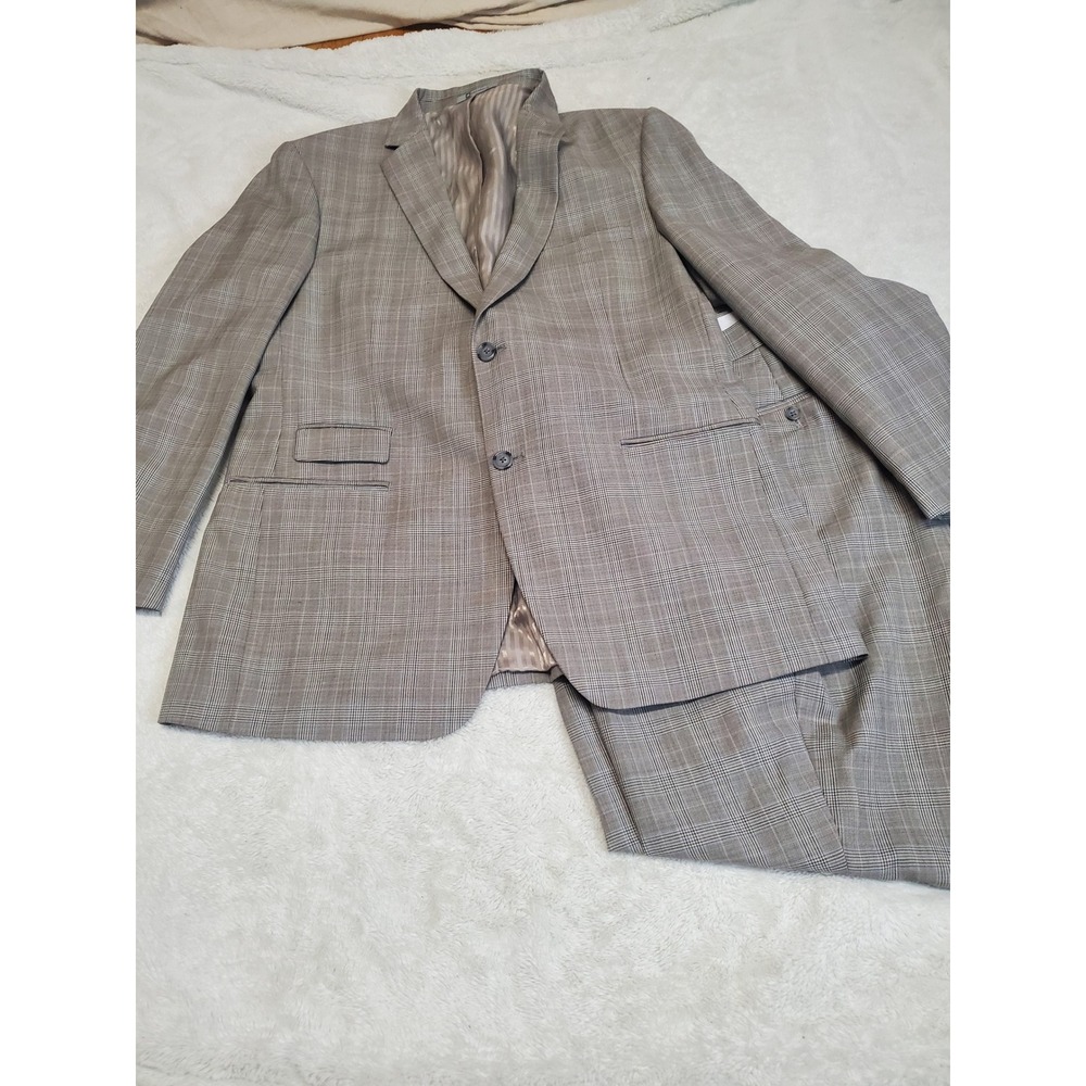 Bachrach Gray Plaid Office Wool Suit Jacket Blazer 44R Pant 38R Classic Formal